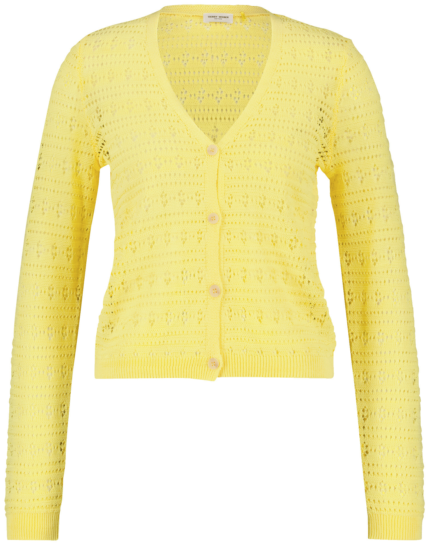 GERRY WEBER Damen Cardigan aus Pointelle-Strick 50cm Langarm V-Ausschnitt Baumwolle Gelb, 36 von Gerry Weber