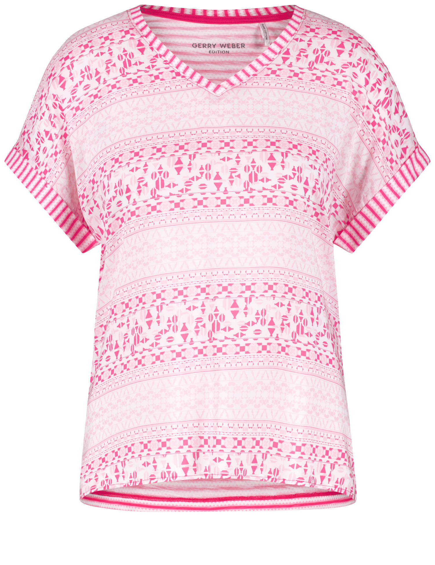 GERRY WEBER Damen Gemustertes Kurzarmshirt mit Material-Patch 62cm V-Ausschnitt Pink gemustert, 34 von Gerry Weber