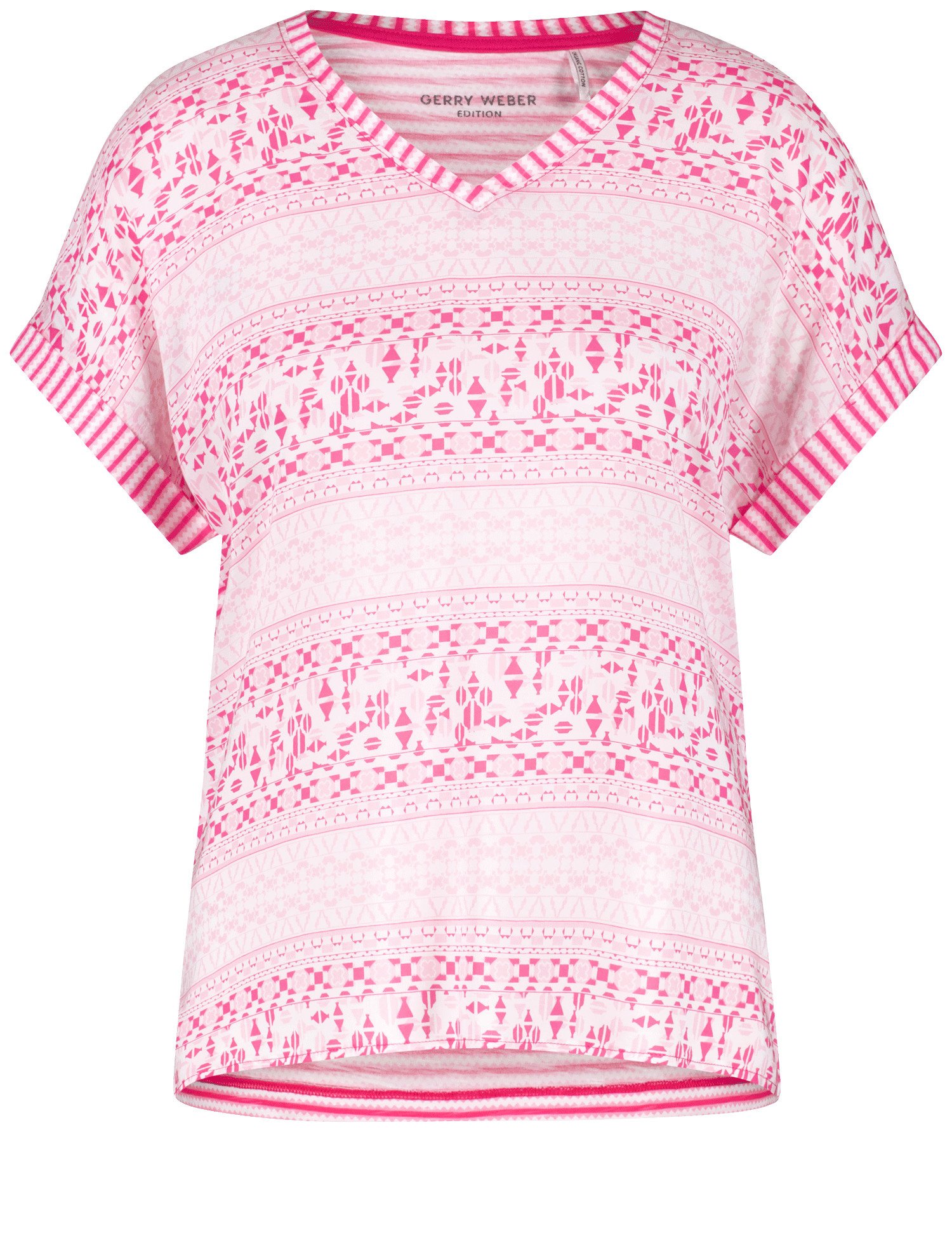 GERRY WEBER Damen Gemustertes Kurzarmshirt mit Material-Patch 62cm V-Ausschnitt Baumwolle Pink gemustert, 40 von Gerry Weber