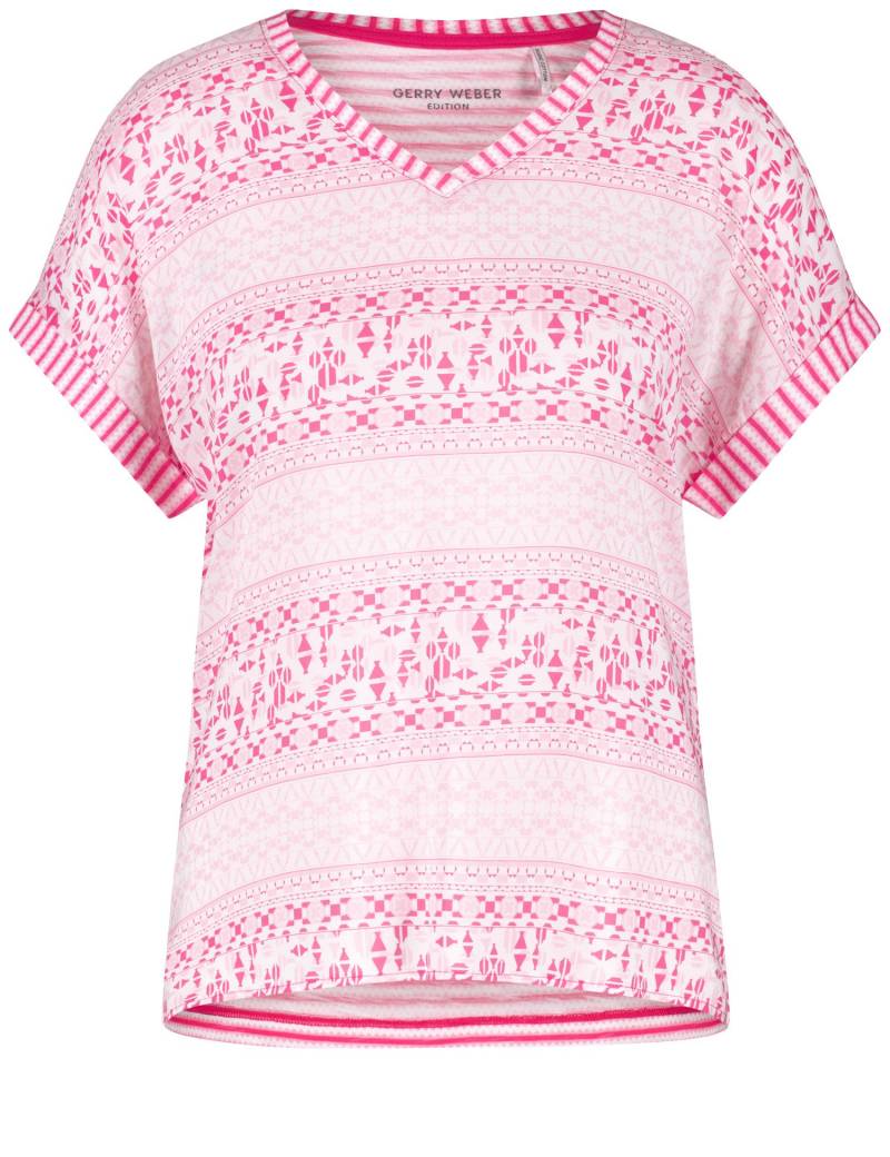 GERRY WEBER Damen Gemustertes Kurzarmshirt mit Material-Patch 62cm V-Ausschnitt Baumwolle Pink gemustert, 42 von Gerry Weber