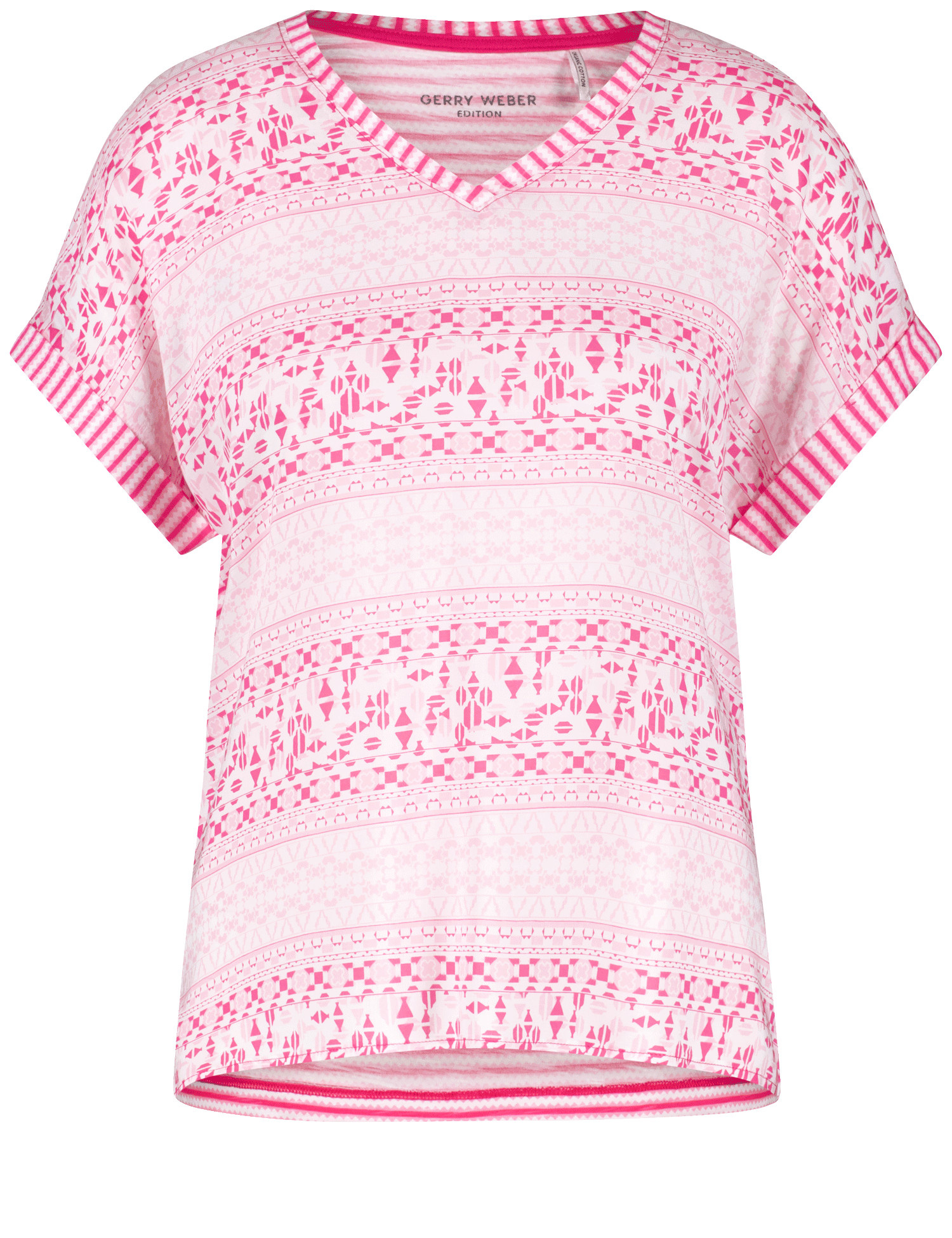 GERRY WEBER Damen Gemustertes Kurzarmshirt mit Material-Patch 62cm V-Ausschnitt Baumwolle Pink gemustert, 48 von Gerry Weber