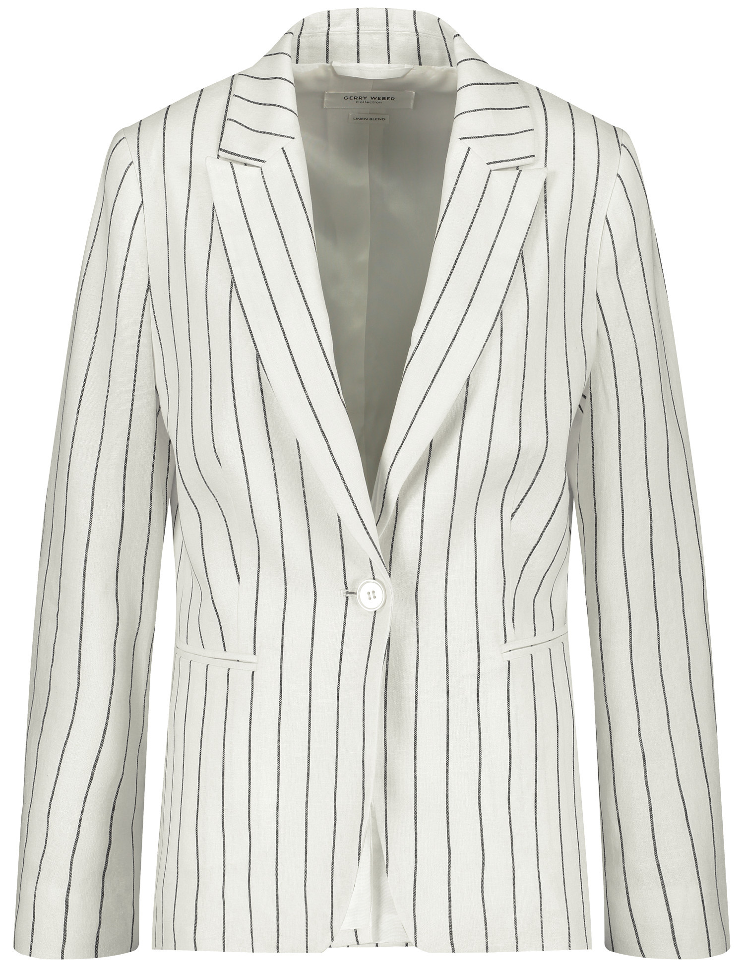 GERRY WEBER Damen Gestreifter Blazer mit Leinenanteil 66cm Langarm Revers Weiss gestreift, 36 von Gerry Weber