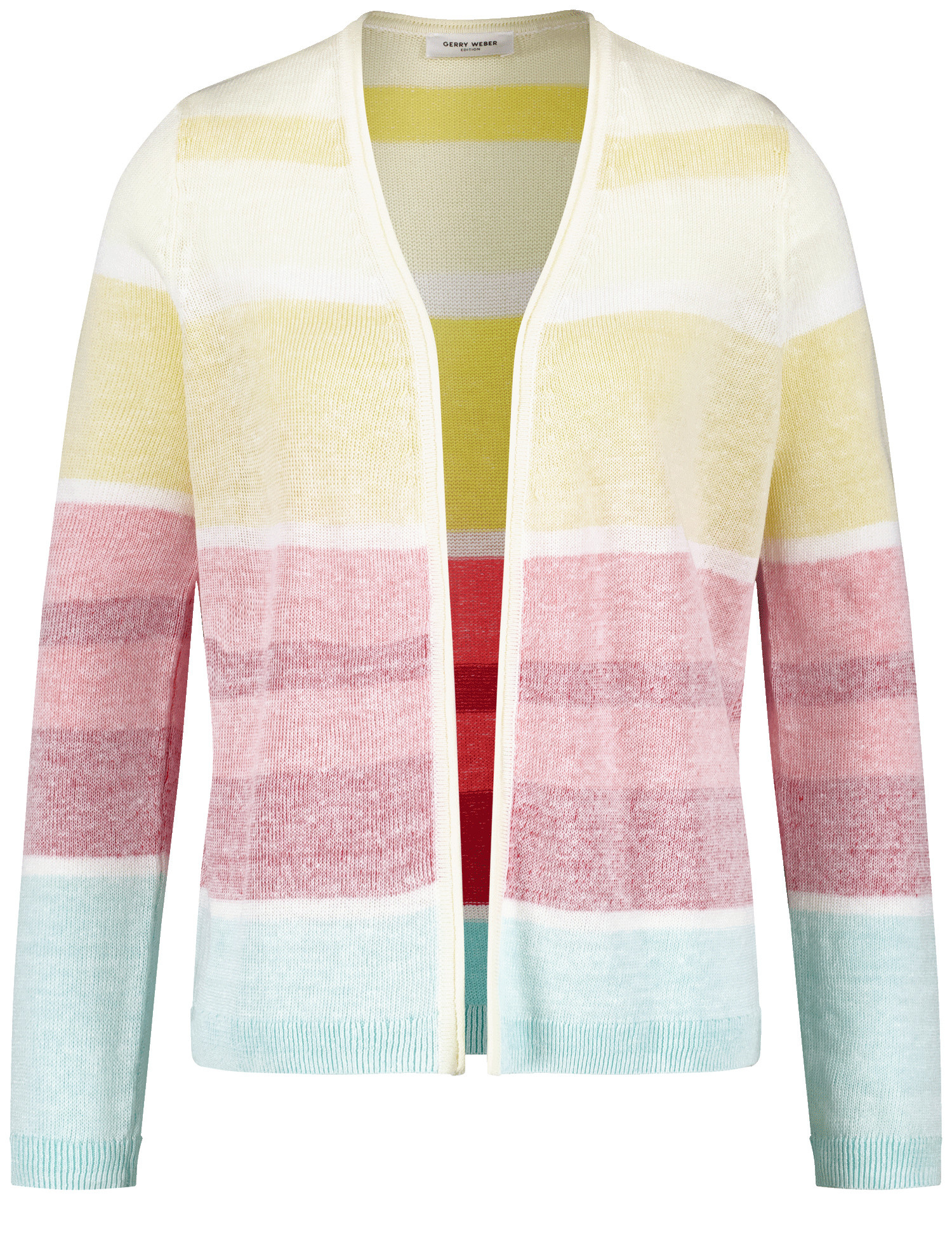 GERRY WEBER Damen Offener Cardigan mit Colourblocking 58cm Langarm Ohne Kragen Leinen Mehrfarbig gestreift, 38 von Gerry Weber