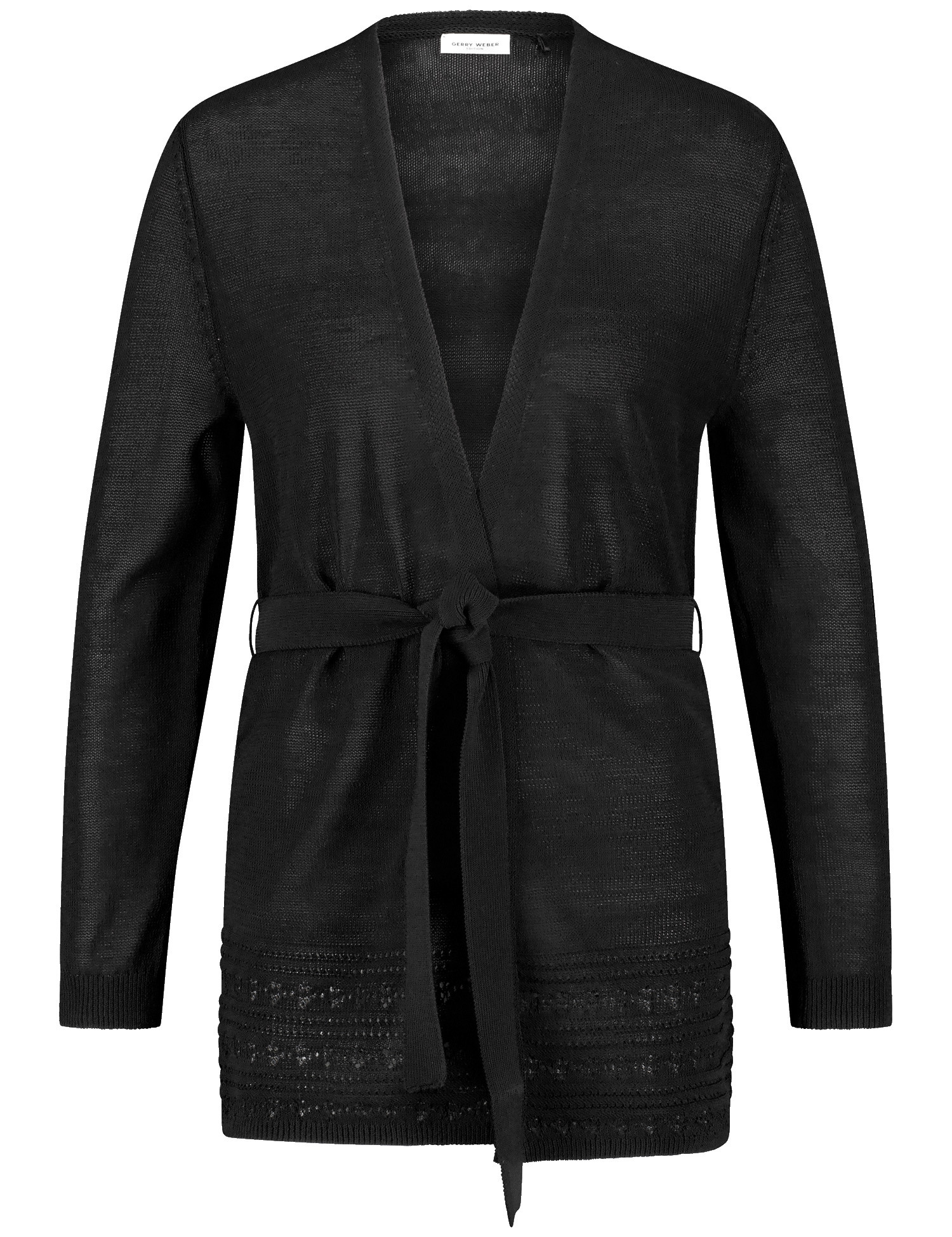 GERRY WEBER Damen Offener Cardigan mit Häkel-Details und Bindegürtel 74cm Langarm Ohne Kragen Baumwolle Schwarz, 44 von Gerry Weber