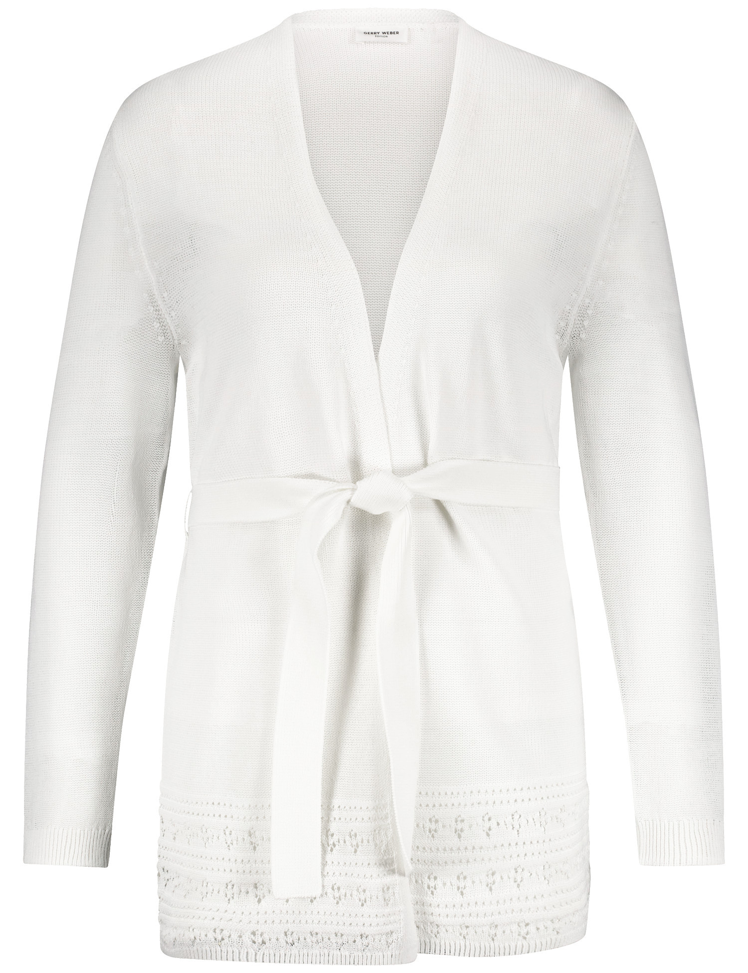 GERRY WEBER Damen Offener Cardigan mit Häkel-Details und Bindegürtel 74cm Langarm Ohne Kragen Baumwolle Weiss, 38 von Gerry Weber