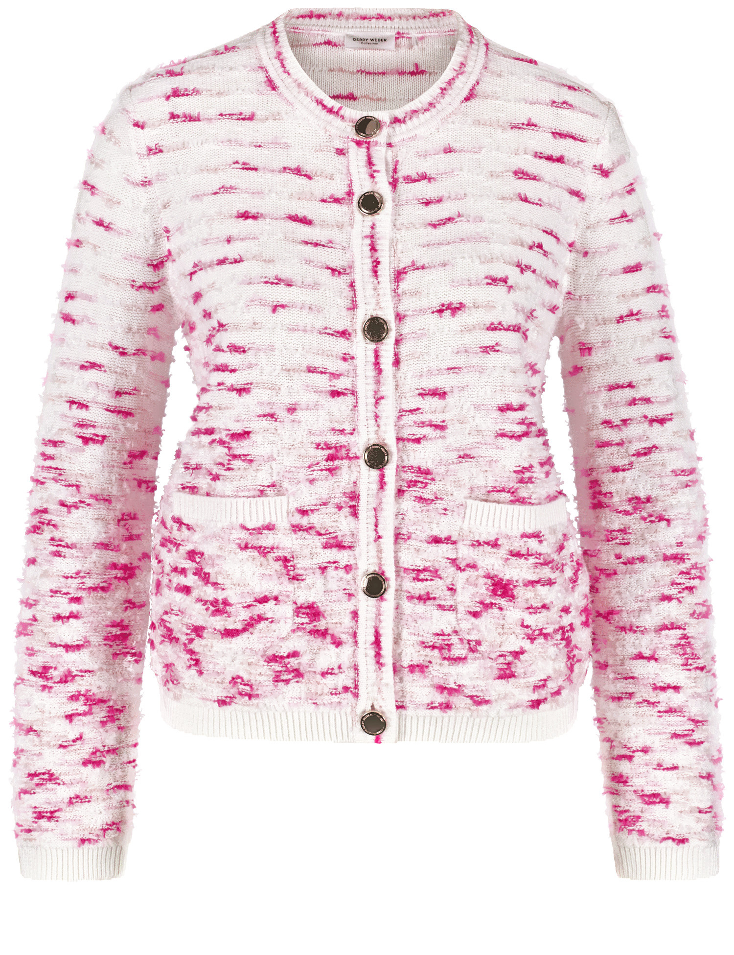 GERRY WEBER Damen Strickjacke mit Fransen 54cm Langarm Rundhals Baumwolle Pink gemustert, 44 von Gerry Weber