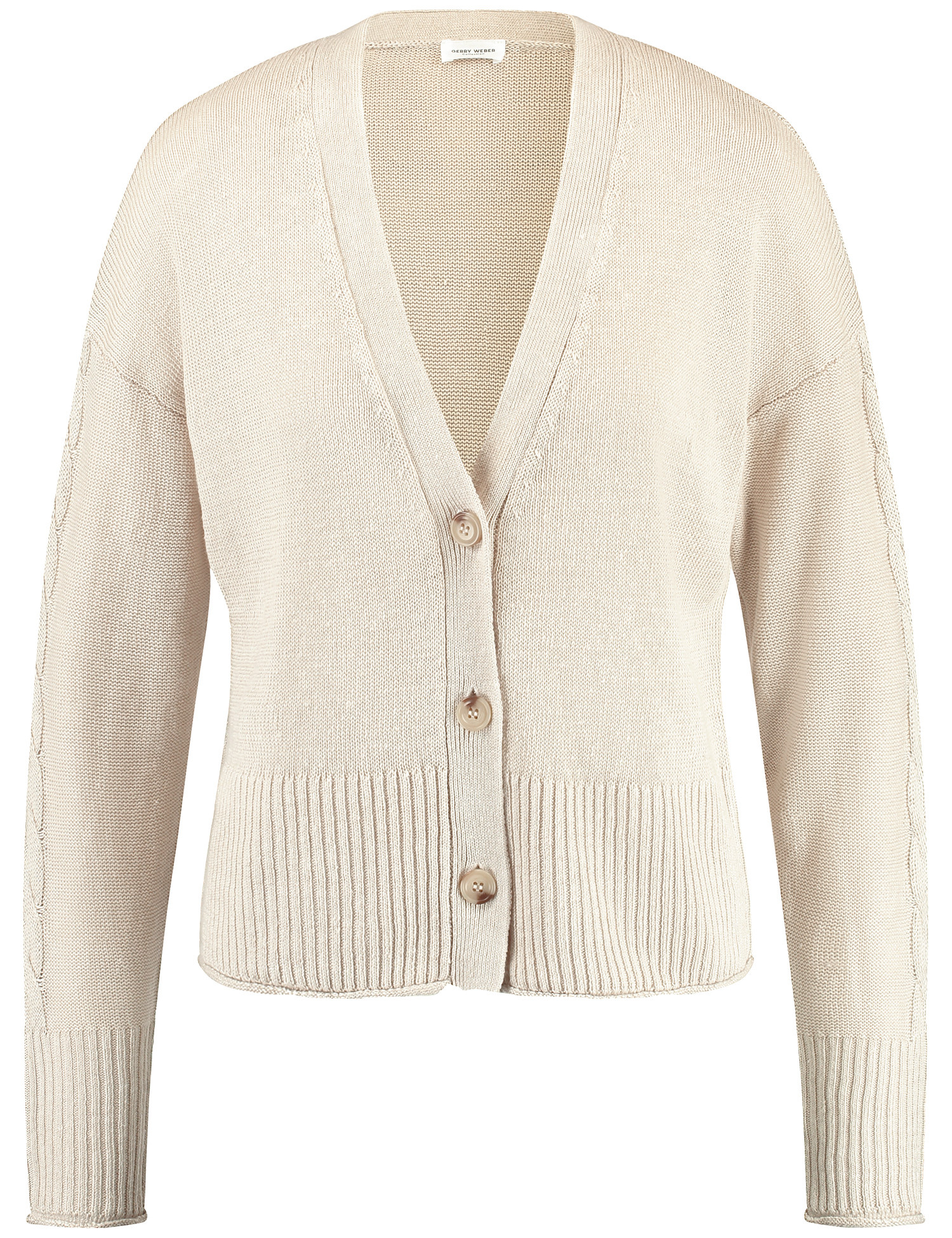 GERRY WEBER Damen Strickjacke mit Leinenanteil und Zopfmusterdetail 54cm Langarm V-Ausschnitt Beige, 42 von Gerry Weber