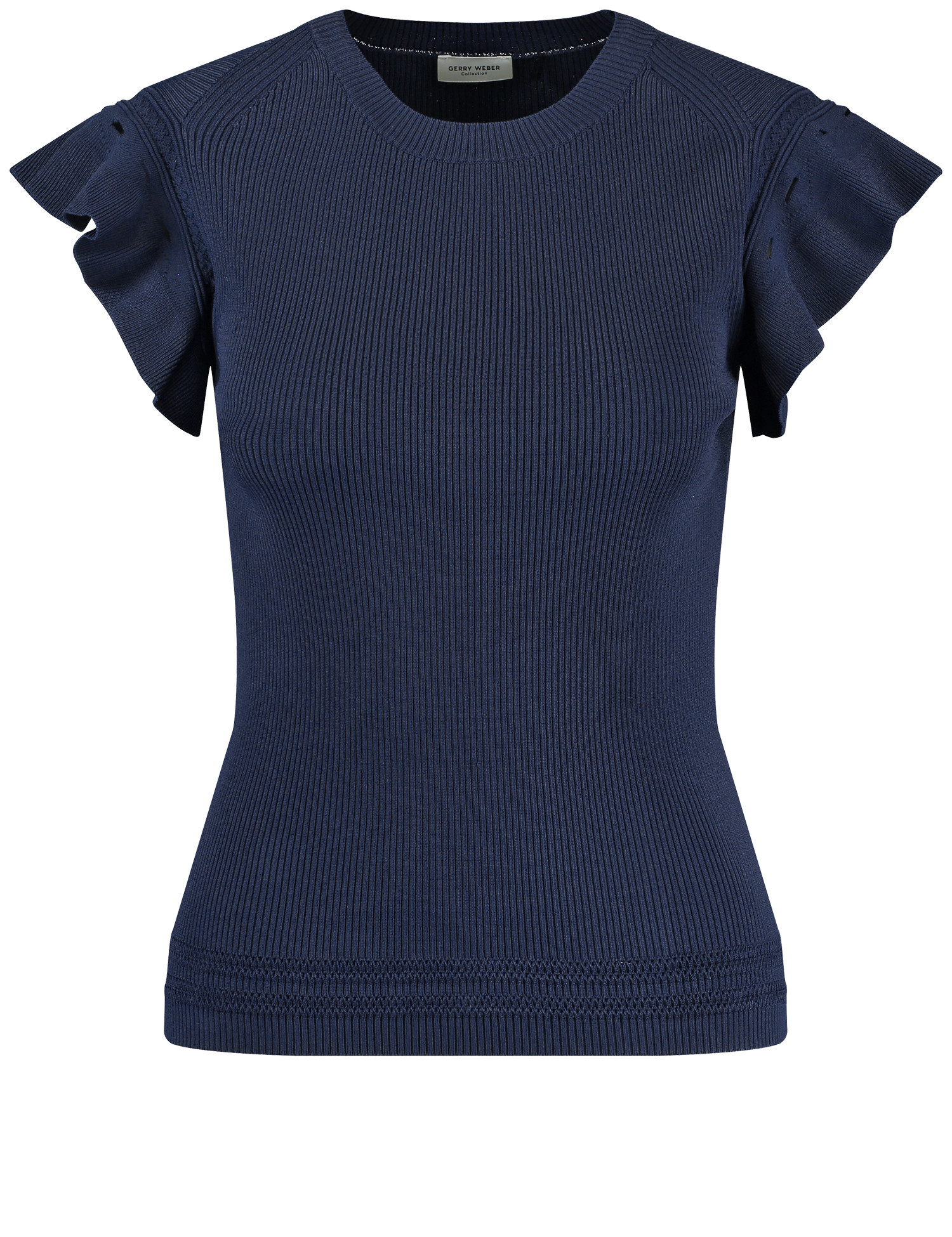 GERRY WEBER Damen Stricktop mit Rüschenärmeln 54cm Flügelärmel Turtleneck Viskose Blau, 44 von Gerry Weber