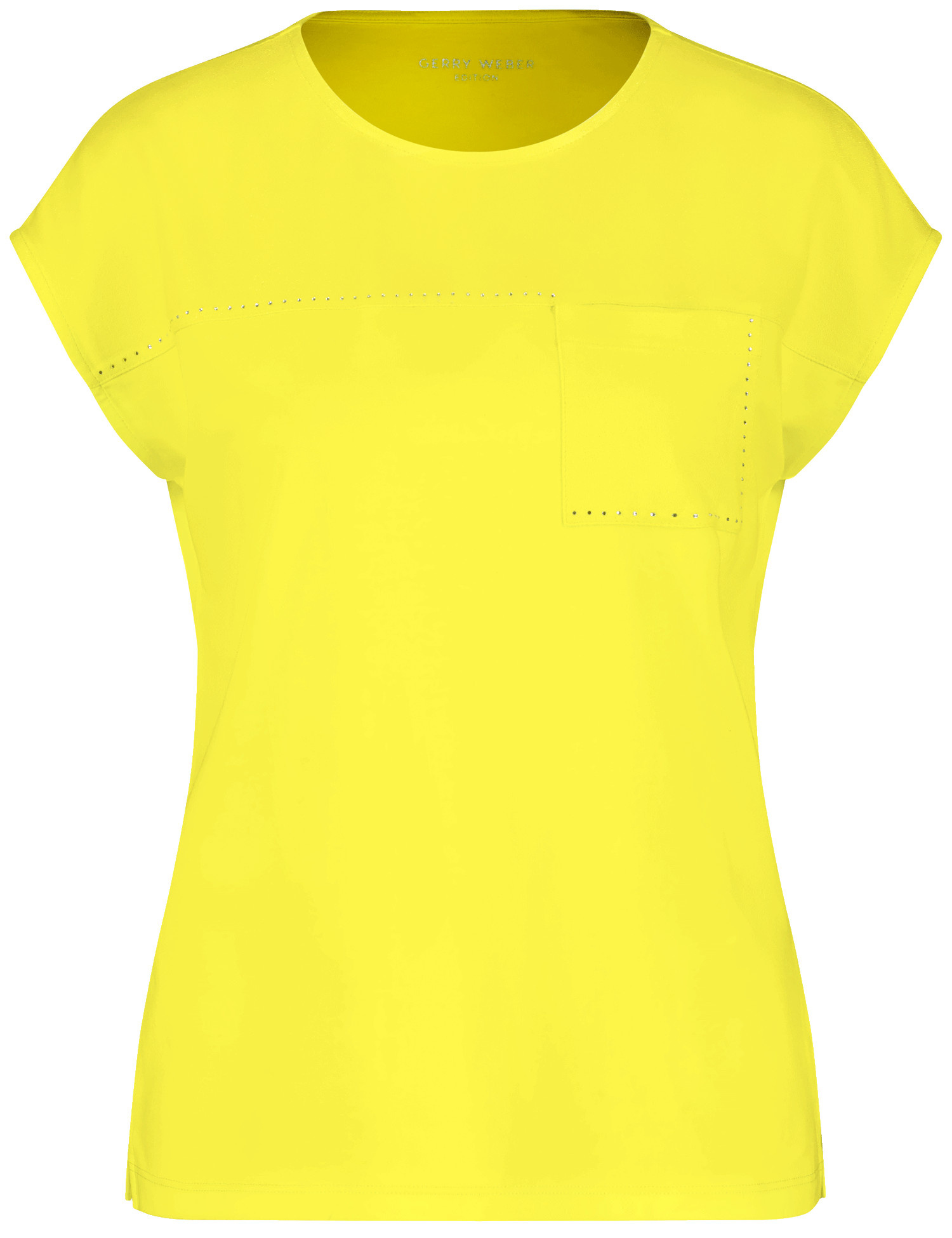 GERRY WEBER Damen T-Shirt mit Material-Patch und Ziersteinchen 62cm Kurzarm Rundhals Modal Gelb, 36 von Gerry Weber