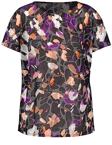 Gerry Weber Damen Gemustertes Kurzarmshirt mit elastischem Saum Kurzarm T-Shirt 1/2 Arm Kurzarmshirt Gemustert Schwarz/Lila/Pink Druck 44 von Gerry Weber