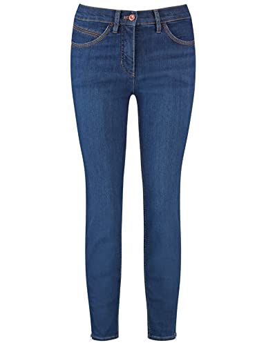 Gerry Weber Damen Jeans mit Saumzippern Best4me Cropped Hose Jeans verkürzt Jeans unifarben, Used-Effekte leicht verkürztes Bein Dark Blue Denim mit use 44 von Gerry Weber