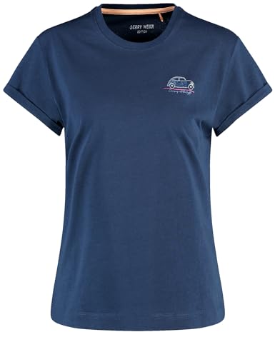 Gerry Weber Damen T-Shirt mit Kleiner Stickerei Kurzarm, mit Ärmelaufschlag unifarben Indigo 40 von Gerry Weber
