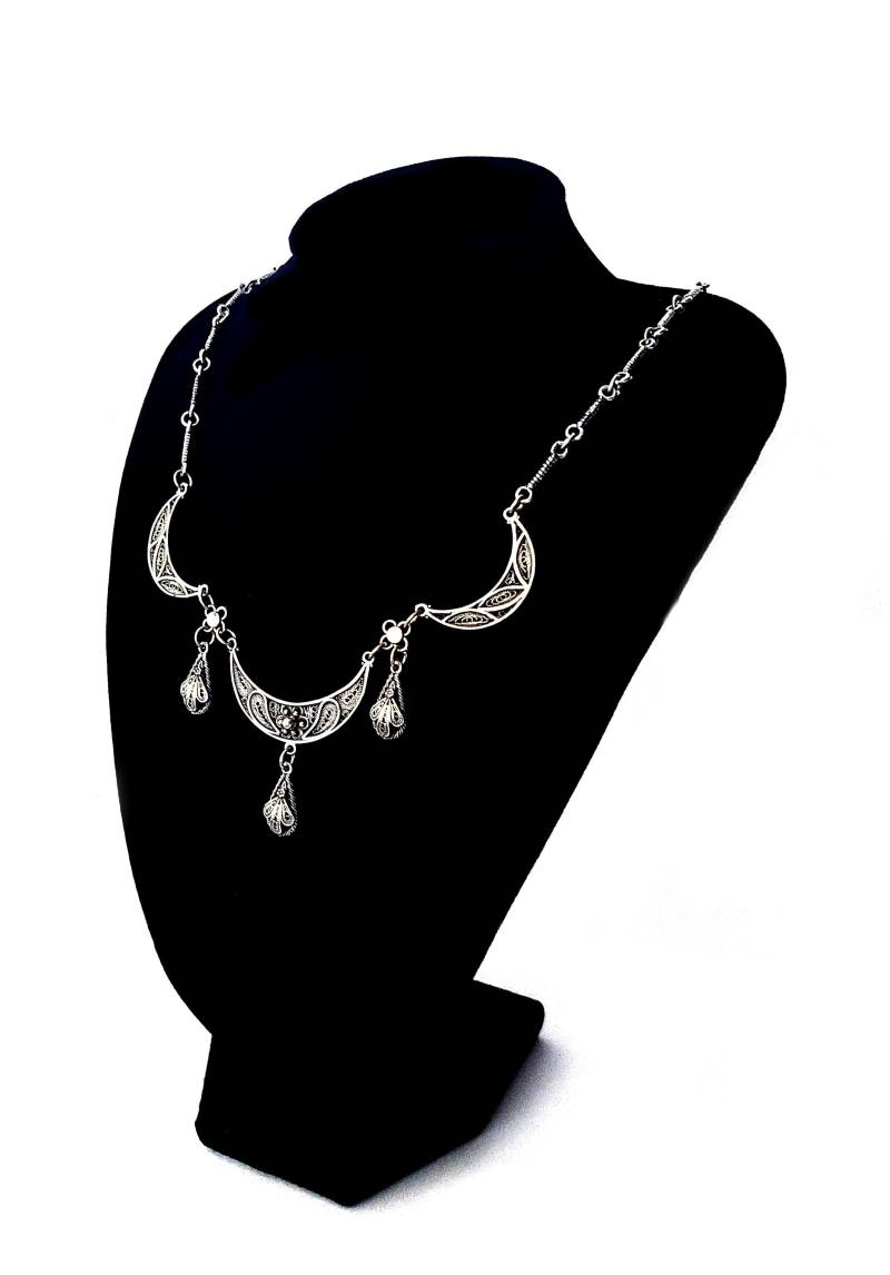 Einzigartige Mond Halskette, Sterling Silber Filigrane Jemenit Design, Anhänger, Im Dritten Viertel, Boho Schmuck - Id231 von Gershiartofsilver