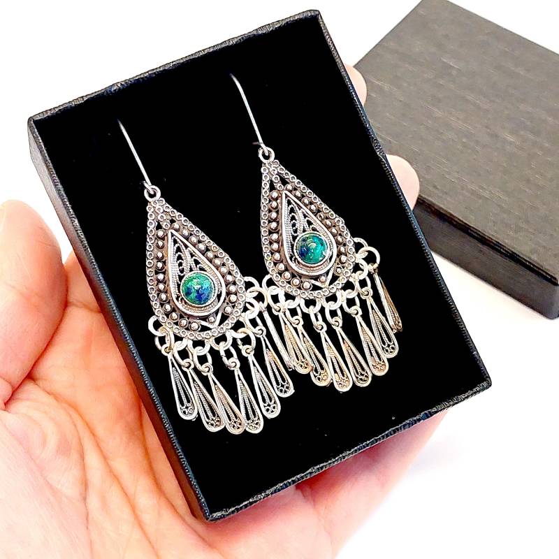 sterling Silber Filigrane Kronleuchter Ohrringe, Boho Leichte Ohrringe Für Frauen, Edelstein Ihrer Wahl Onyx, Granat, Amethyst, Azurit Id77 von Gershiartofsilver