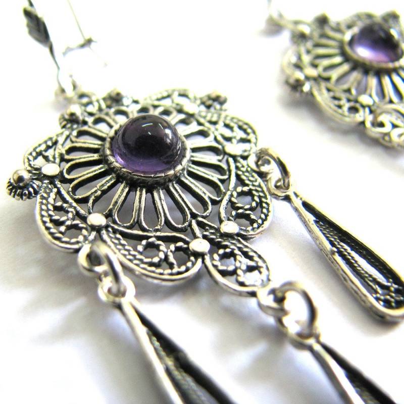 sterling Silber Filigrane Ohrringe, Silberschmied Kronleuchter Wählen Sie Ihren Edelstein, Onyx, Granat, Amethyst, Azurit - Id64 von Gershiartofsilver