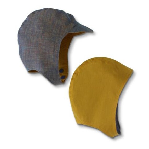 Abraham Baby Und Kleinkind Stil Fliegermütze, Reversible, Blauem Leinen Mit Senf, Handgefertigt in Australien von GertrudeandtheKing