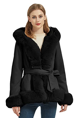 Geschallino Damen-Mantel aus Wildlederimitat Trendige Winterjacke mit Kapuze Warmer Fleece Gefütterter Mantel mit Gürtel 216 Schwarz L von Geschallino