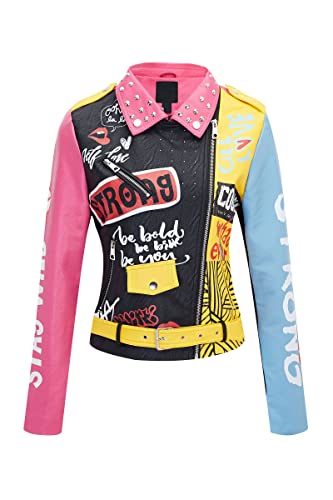 Geschallino Damen-Jacke aus Kunstleder in Übergröße Graffiti-Nietennieten Punk Blumen Moto Biker Mantel 0375Plus Rosa 2X von Geschallino