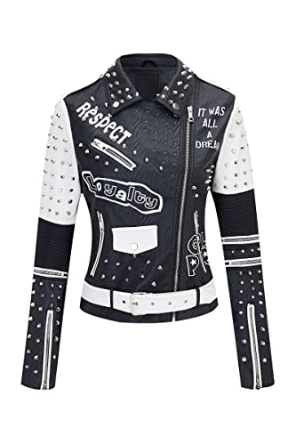 Geschallino Damen-Jacke aus Kunstleder in Übergröße Graffiti-Nietennieten Punk Blumen Moto Biker Mantel 0376Plus Schwarz 1X von Geschallino