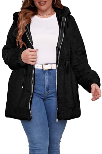 Geschallino Damen Kunstfell Jacke Große Größen Lange Flauschiger Sherpa Winter Fleecejacke Mantel mit Kapuze 2135Plus Schwarz 5XL von Geschallino