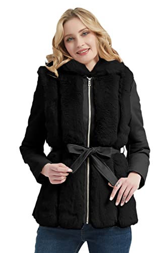 Geschallino Damen-Kurzjacke aus Kunstlederfell mit Gürtel Warmer Lässiger Motorradmantel Sherpa Fleece Oberbekleidung 515 Schwarz M von Geschallino