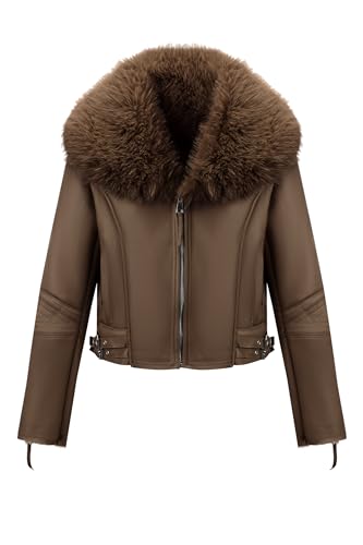 Geschallino Damen Kunstleder Wildlederjacke Sherpa gefüttert Warmer Winter Biker Mantel mit Pelzkragen 267 Camel M von Geschallino