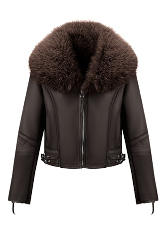 Geschallino Damen Kunstleder Wildlederjacke Sherpa gefüttert Warmer Winter Biker Mantel mit Pelzkragen 267 Coffee S von Geschallino