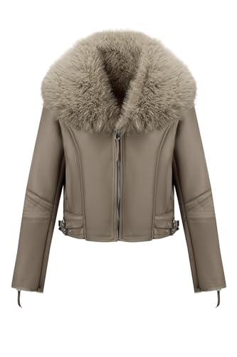 Geschallino Damen Kunstleder Wildlederjacke Sherpa gefüttert Warmer Winter Biker Mantel mit Pelzkragen 267 Khaki L von Geschallino