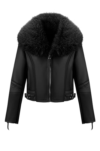 Geschallino Damen Kunstleder Wildlederjacke Sherpa gefüttert Warmer Winter Biker Mantel mit Pelzkragen 267 Schwarz XXL von Geschallino
