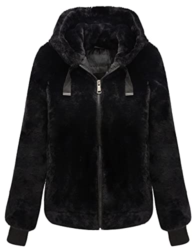 Geschallino Damen Fleecemantel aus Kunstpelz Warme Flauschige zottelige Shearling Kurzjacke mit Kapuze 1712014 Schwarz XL von Geschallino