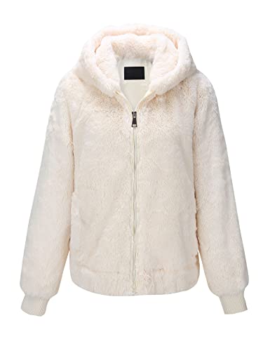 Geschallino Damen Fleecemantel aus Kunstpelz Warme Flauschige zottelige Shearling Kurzjacke mit Kapuze 1712014 Weiß L von Geschallino