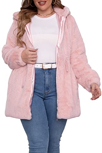 Geschallino Damen Kunstpelzmantel in Übergröße Langer Flauschiger Sherpa-Mantel mit Kapuze Winter Fleecejacke mit Taille Kordelzug 2135Plus Rosa 3X von Geschallino