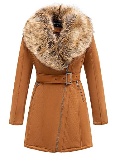 Geschallino Damen Lang Jacke aus Wildlederimitat Warmer Fleece Gefütterter Parka mit Abnehmbarem Pelzkragen FF206 Braun XXL von Geschallino