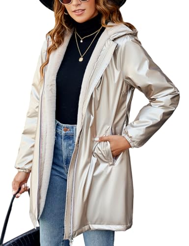 Geschallino Damen Mantel Lange Übergangsjacke Warme Winterjacke Sherpa Futter mit Kapuze A3100 Gold XL von Geschallino