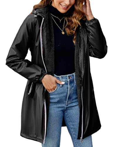 Geschallino Damen Langer Leichter Mantel Warme Winterjacke mit Sherpa-Futter und Kapuze A3100 Schwarz L von Geschallino