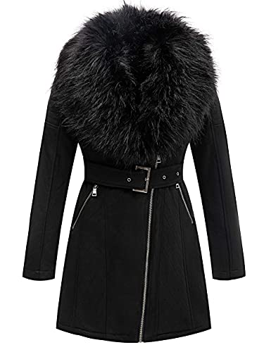 Geschallino Damen Lang Jacke aus Wildlederimitat Warmer Fleece Gefütterter Parka mit Abnehmbarem Pelzkragen FF206 Schwarz M von Geschallino