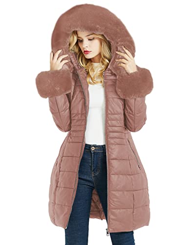 Geschallino Langer Puffermantel für Damen Wattierter Dicker Parka-Mantel mit Abnehmbarem Kunstpelzkragen SS804 Rosa M von Geschallino