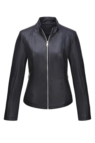 Geschallino Damen PU Jacke in Übergröße Frühlings und Herbstmantel Lässiger Kurzer Motorradmantel 37Plus Schwarz 2X von Geschallino