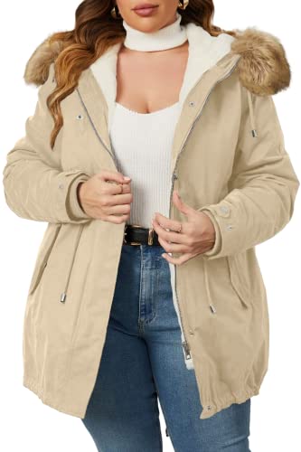 Geschallino Damen Plus Größe 3-in-1 Winterjacke Kunstpelz gefüttert dicken Parka Mantel warm Military Style Casual Oberbekleidung mit Reißverschluss entfernen innen 7626 Beige 4X von Geschallino