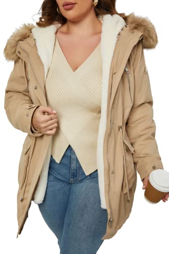 Geschallino Damen Plus Size 3-in-1 Parka Mantel Reißverschluss abnehmbar warmes Fleece gefüttert Oberbekleidung mit Taillenkordel 7619 Beige 3X von Geschallino