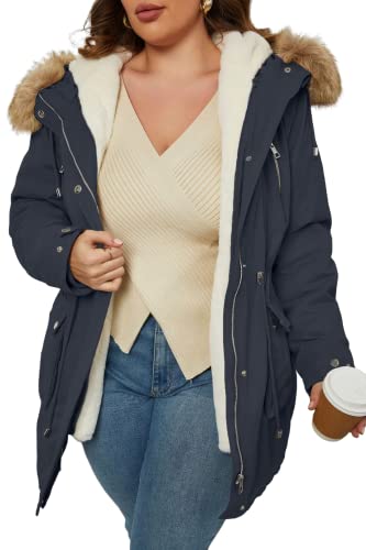 Geschallino Damen Plus Size 3-in-1 Parka Mantel Reißverschluss abnehmbar warmes Fleece gefüttert Oberbekleidung mit Taillenkordel 7619 Blau 5X von Geschallino