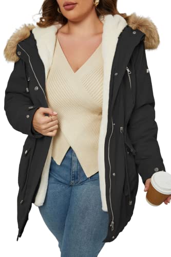 Geschallino Damen Plus Size 3-in-1 Parka Mantel Reißverschluss abnehmbar warmes Fleece gefüttert Oberbekleidung mit Taillenkordel 7619 Schwarz 2X von Geschallino