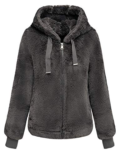 Geschallino Damen Fleecemantel aus Kunstpelz Warme Flauschige zottelige Shearling Kurzjacke mit Kapuze 1712014 Grau M von Geschallino