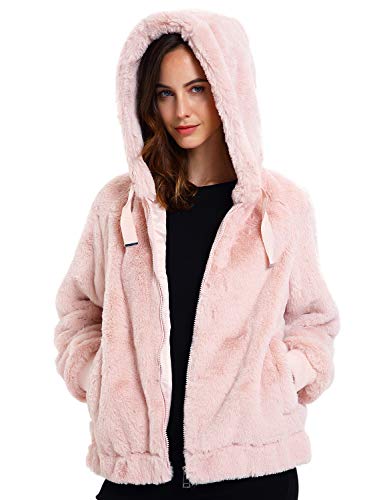 Geschallino Damen Fleecemantel aus Kunstpelz Warme Flauschige zottelige Shearling Kurzjacke mit Kapuze 1712014 Rosa L von Geschallino