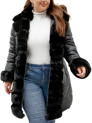 Geschallino Damen Steppmantel Bubble Große Größen Gepolstert Lange Winterjacke mit Kapuze 12105Plus Schwarz 3XL von Geschallino