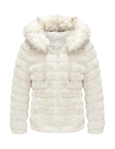 Geschallino Damen Wende jacke Kunstfelljacke Steppmantel Gepolsterter Kurz Wintermantel mit Kapuze 19225 Weiß M von Geschallino