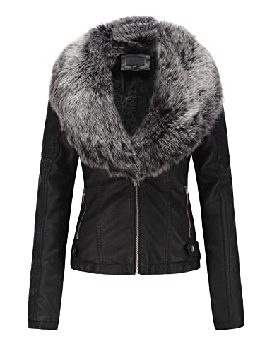 Geschallino Kunstlederjacke für Damen Motorrad Kurze Sherpa Gefütterter Winter Mantel mit Abnehmbarem Pelzkragen 9201 Schwarzgrau XXL von Geschallino