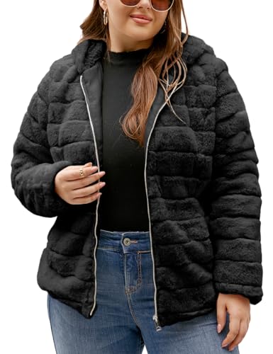 Geschallino Kunstpelzmantel für Damen Flauschige Zottel Winter Kurz Oberbekleidung Sherpa Fleecejacke mit Kapuze 1801 Schwarz XL von Geschallino