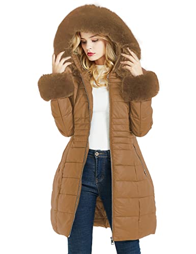 Geschallino Langer Puffermantel für Damen Wattierter Dicker Parka-Mantel mit Abnehmbarem Kunstpelzkragen SS804 Braun XXL von Geschallino