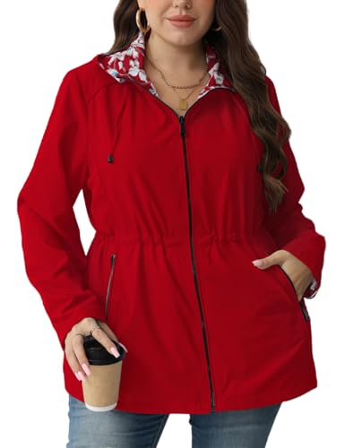 Geschallino Women's Casual Wendemantel Große Größen Floral Print Windbreaker Leichte Jacke mit Kapuze 6132APLUS Rot XXL von Geschallino